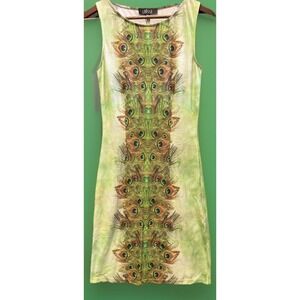 Lbisse Dress Womens size Small tank sundress Peacock Feather print Green Fun NEW